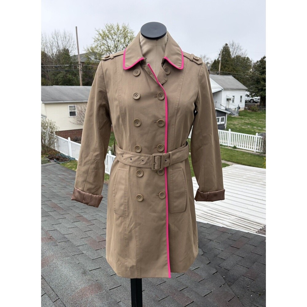 New York & Company Beige Pink Piping Double Breasted Rain Trench Coat Jacket S